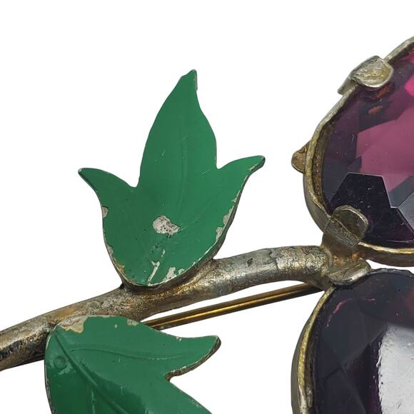 Purple Flower Brooch Gold Tone Vtg Amethyst Glass Stone Green Enamel Pin Retro - Picture 6 of 9